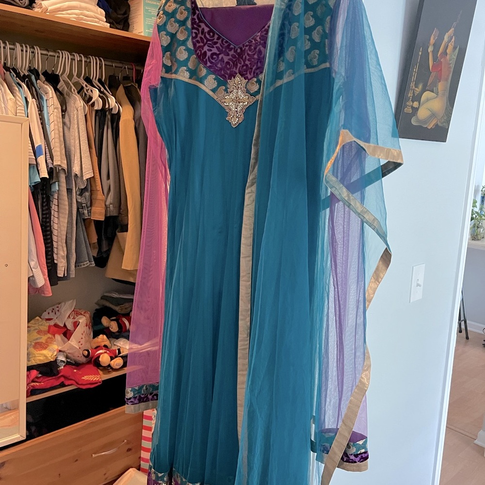 Purple and teal salwar suit
